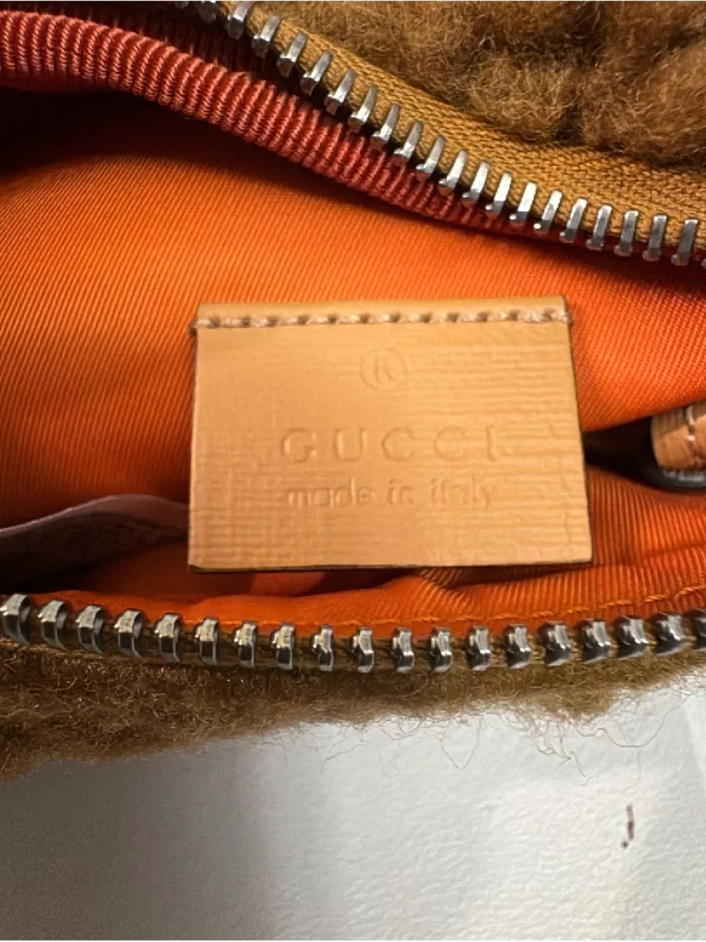 Gucci Brown Shearling Logo Belt Bag with Green-Red Trim
